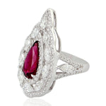 Pear Cut Rubylite Pave Diamond Pear Shaped Cocktail Ring in 18k White Gold