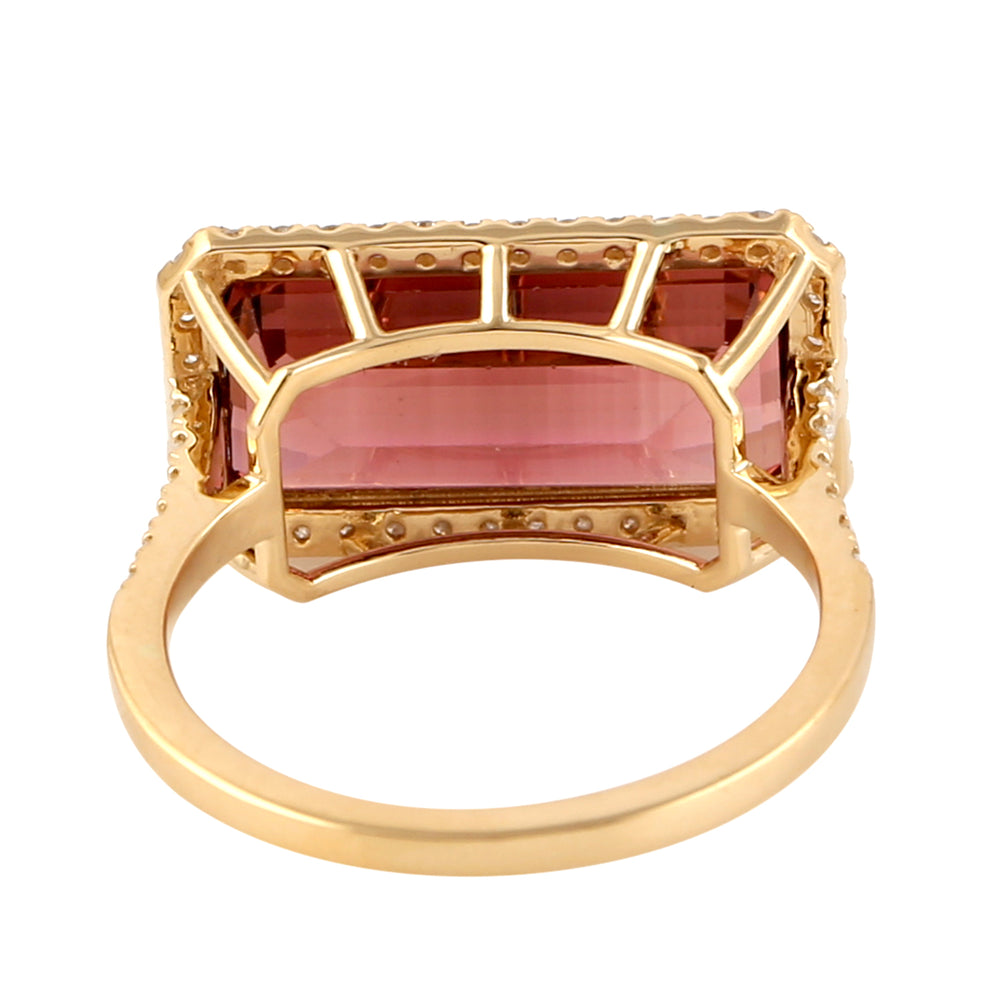 Handmade Baguette Pink Tourmaline Pave Diamond Cocktail Ring Anniversary Gift 18k Yellow Gold