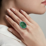 Carved Jade Pave Diamond Sapphire Oval Shaped Ring In 18k White Gold