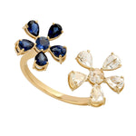 Pear Cut Natural Sapphire & Diamond Cuff Ring 18k Yellow Gold Jewelry