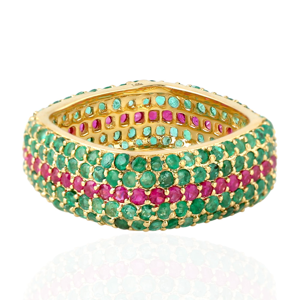 Studded Emerald Gemstone Wedding Band Ring 18k Yellow Gold Handmade Jewelry
