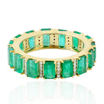 Natural Emerald Gemstone Baguette Band Ring 18k Yellow Gold Pave Diamond Jewelry