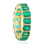 Natural Emerald Gemstone Baguette Band Ring 18k Yellow Gold Pave Diamond Jewelry