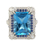 Emerald Cut Blue Topaz Sapphire & Diamond Cocktail Ring Jewelry in 18k White Gold For Her