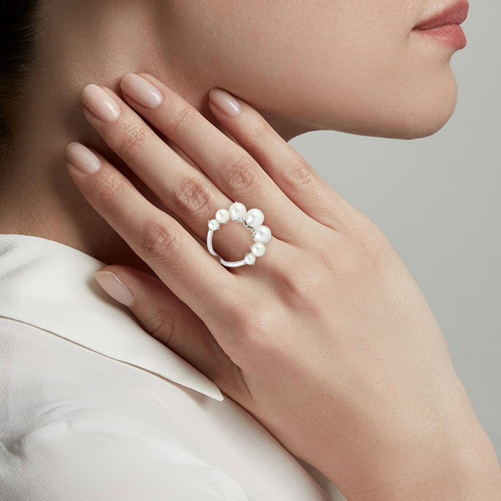 Natural Pearl Cocktail Ring 18k White Gold Jewelry