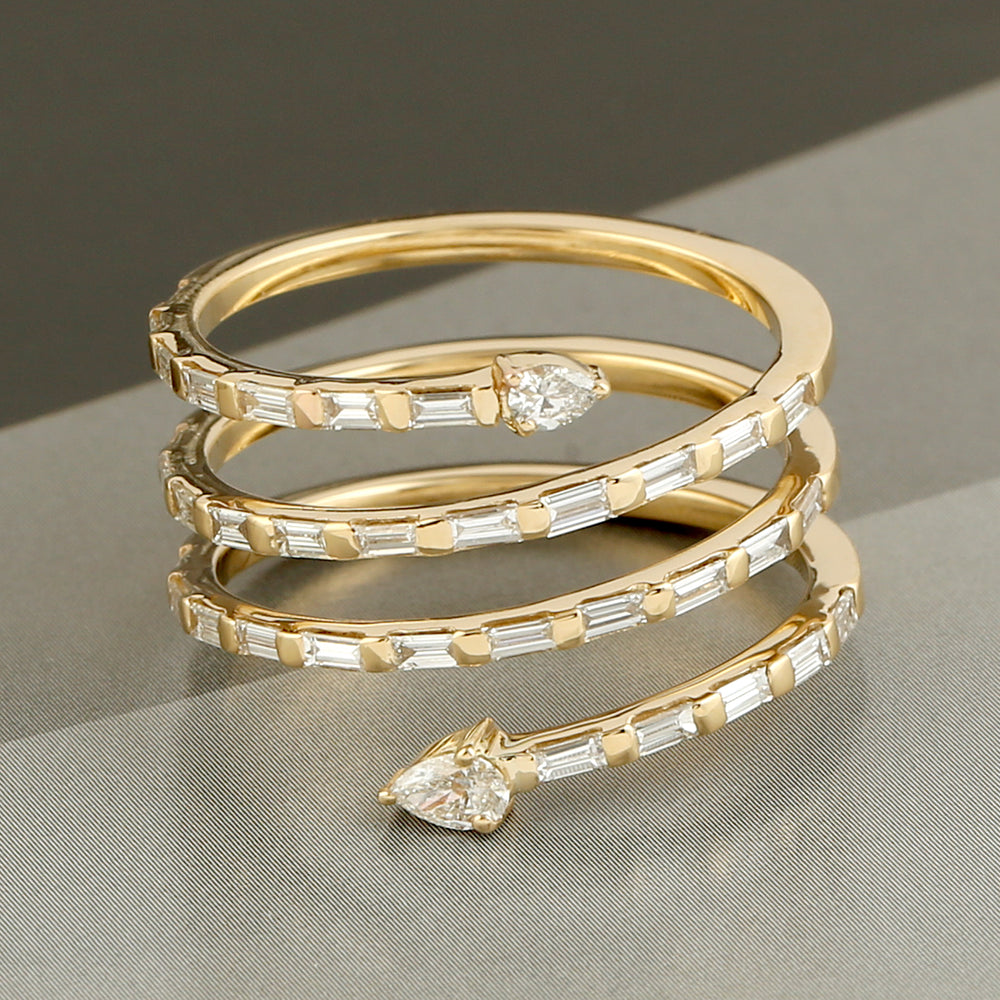 18k White Gold Spiral Band Ring Baguette Diamond Handmade Jewelry