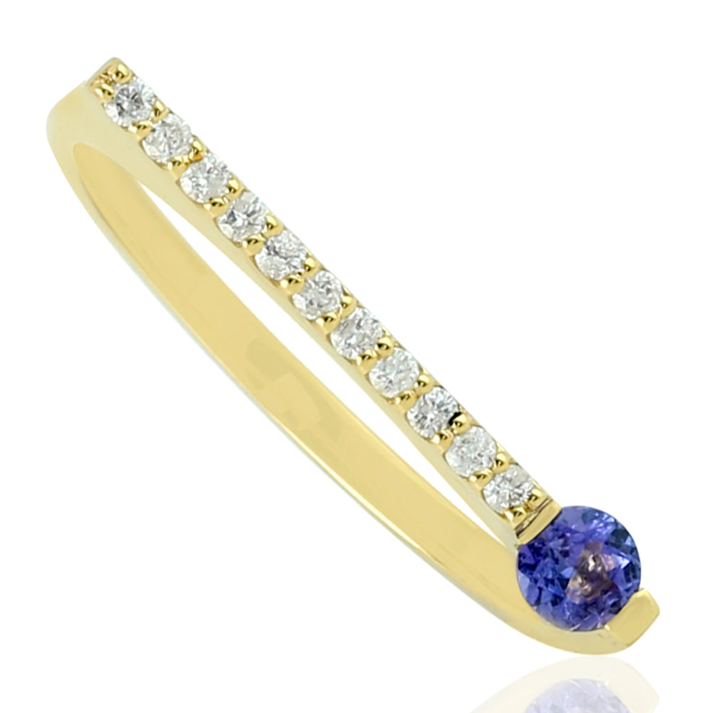 Tanzanite & Studded Diamond Gemstone Bar Designer Ring 18k Yellow Gold Jewelry