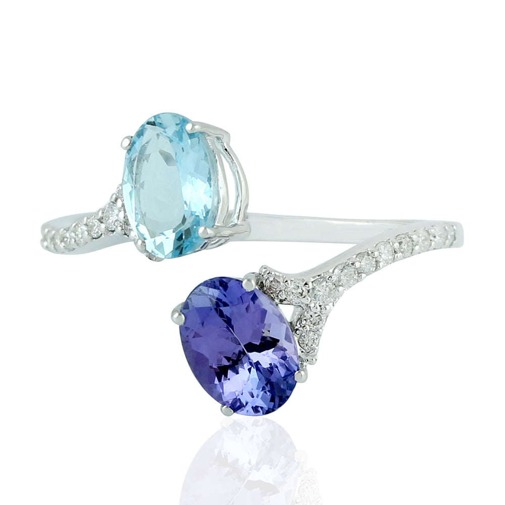Aquamarine Bypass Ring 18k White Gold Diamond Gemstone Handmade Jewelry Gift
