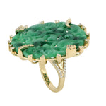 Filigree Carved Green Jade Cocktail Wedding Ring in 18k Yellow Gold Diamond Jewelry