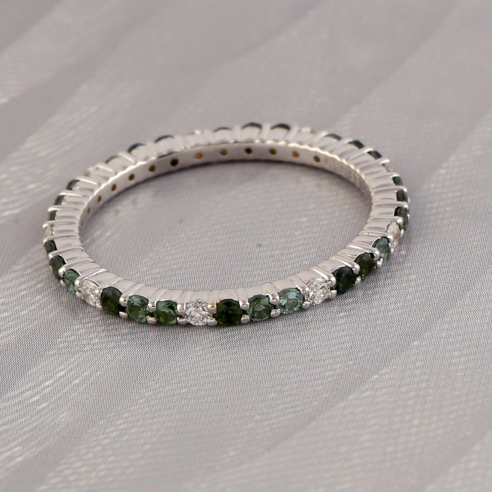 Multicolor Tourmaline Diamond Gemstone Sleek Band Ring In 18k White Gold Gift For Her