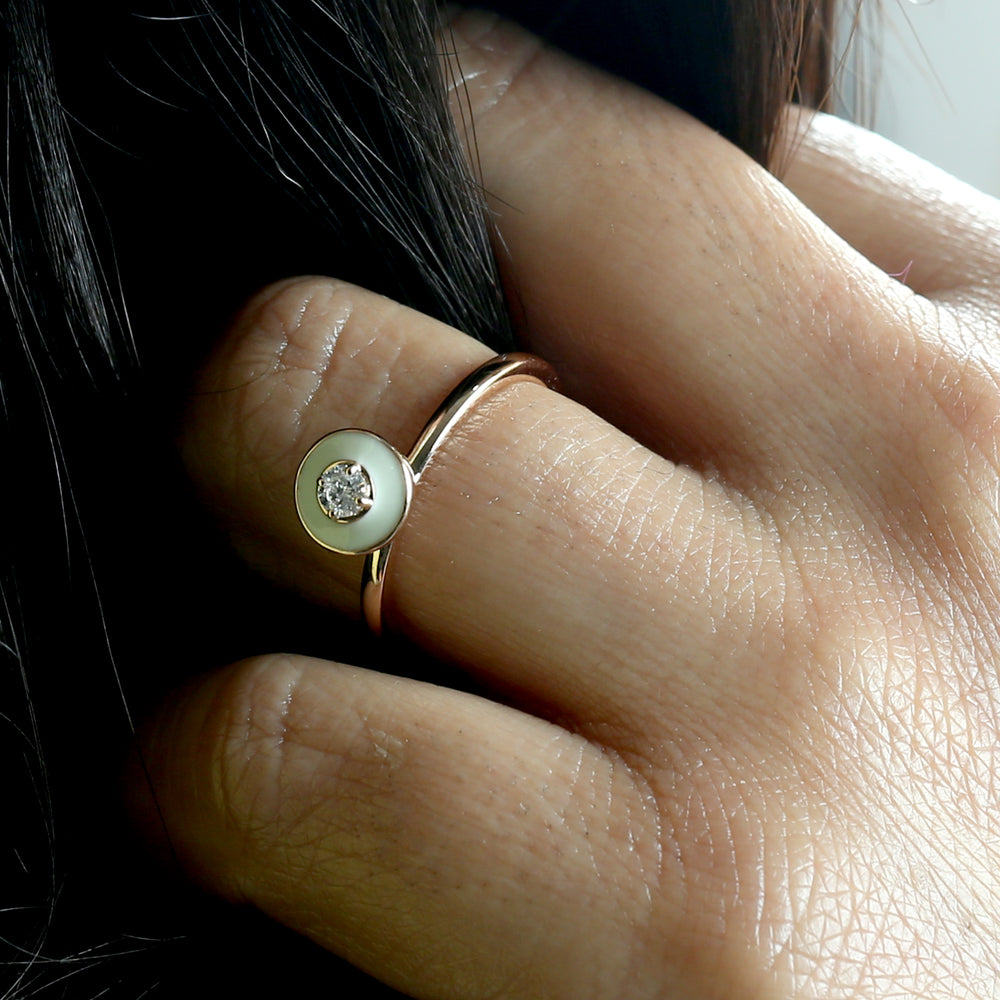 18k Rose Gold Diamond Enamel Ring Handmade Fine Jewelry