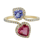 Natural Diamond 18kt Gold Tanzanite and Tourmaline Heart Bypass Ring Gift For Her