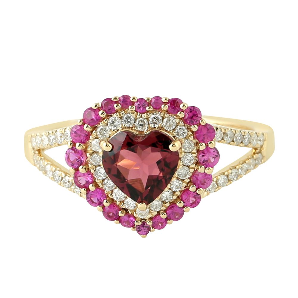 Natural Heart Shape Tourmaline Pink Sapphire Diamond Ring in 18kt Gold