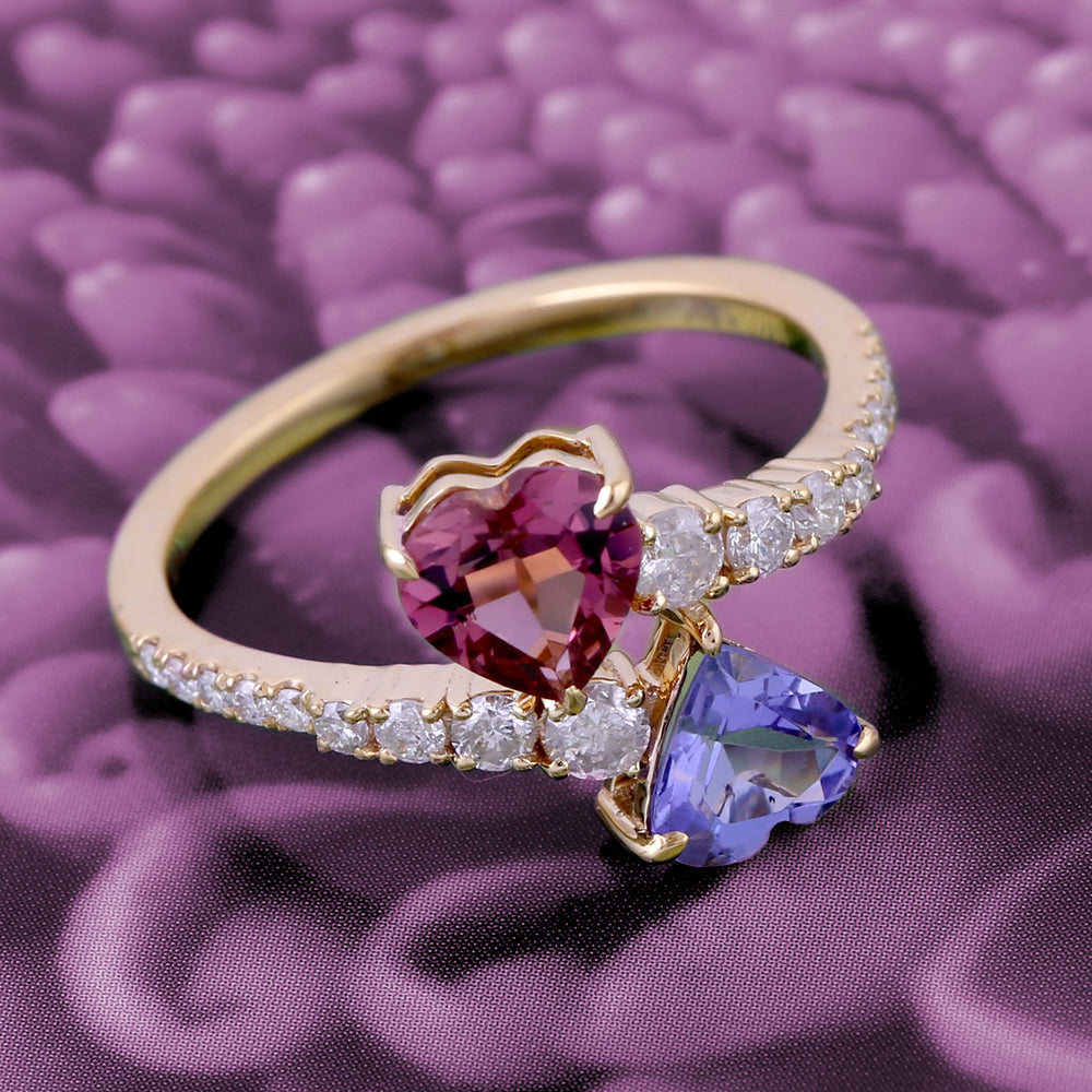 18kt Gold Tanzanite and Tourmaline Heart Shape Designer Ring Jewelry