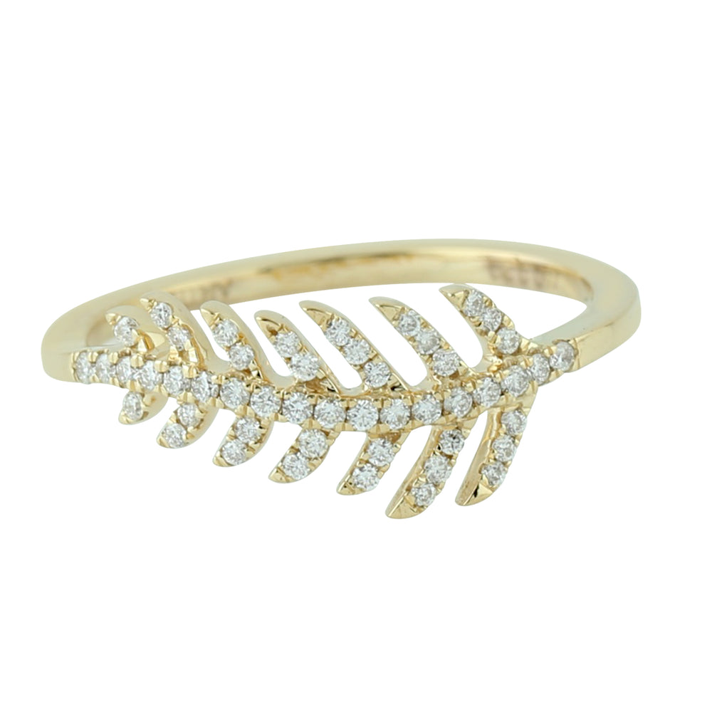 Natural Pave Diamond Fern Design 18k Solid Yellow Gold Ring For Her