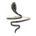 Handmade Black Pave Diamond 18k White Gold Snake Design Long Ring Jewelry Gift