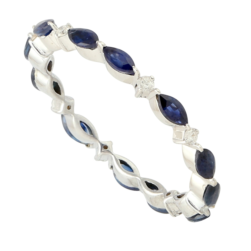 Marquise Blue Sapphire Pave Diamond Stackable Band Ring In 18k White Gold Gift Jewelry
