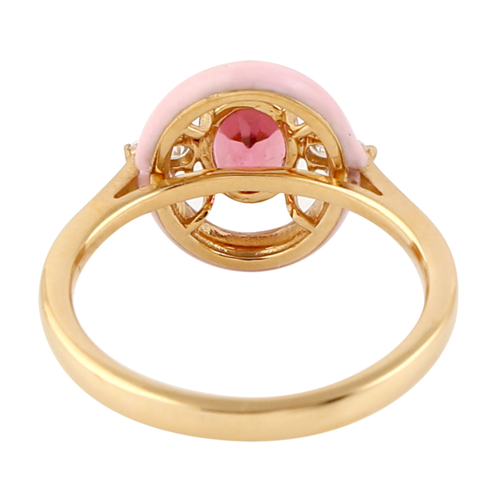 18k Yellow Gold Natural Tourmaline Diamond Designer Ring Enamel Jewelry