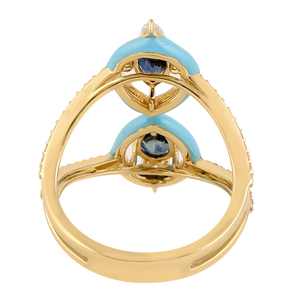 18k Yellow Gold Blue Sapphire Pave Diamond Designer Ring Jewelry