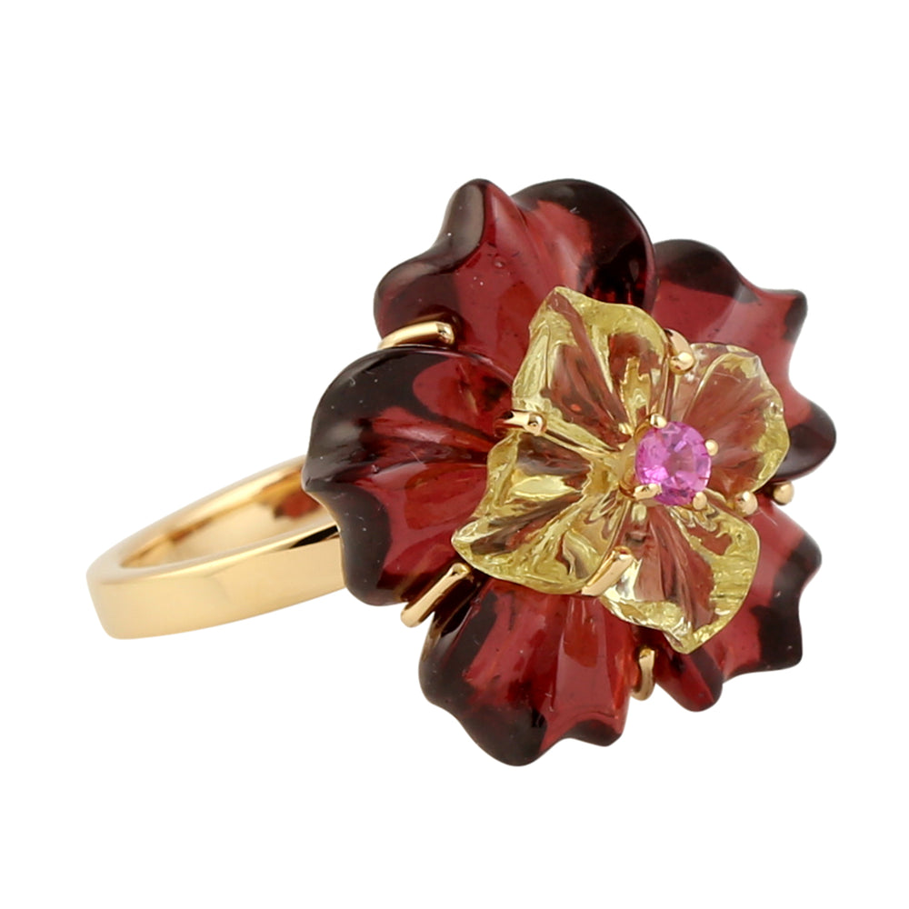 18k Yellow Gold Flower Ring Prong Ruby Carved Mix Stone Gemstone