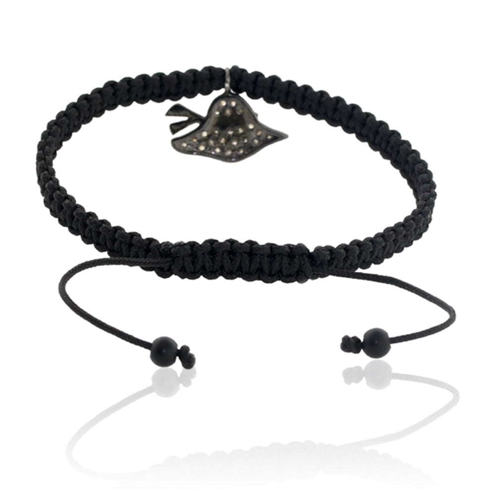 Onyx Gemstone Bead Pave Diamond Hat Charm 925 Silver Friendship Macrame Bracelet