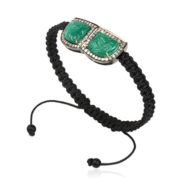 Carved Emerald Macrame Fixed And Flexible Bracelet Friendhsip Sterling Silver Jewelry