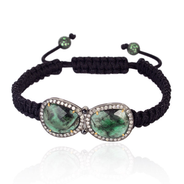 Sterling Silver and Pave Diamond & Tsavorite Emerald Macrame Friendship Bracelet Jewelry