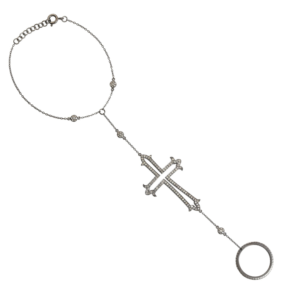Studded Natural Diamond Cross Charm Designer Slave Bracelet In 925 Sterling Silver Women Accessory