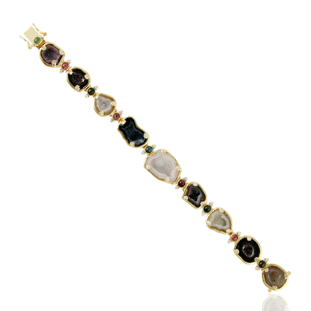 Geode Multi Tourmaline Prong Diamond Bracelet In 18k Yellow Gold 925 Silver
