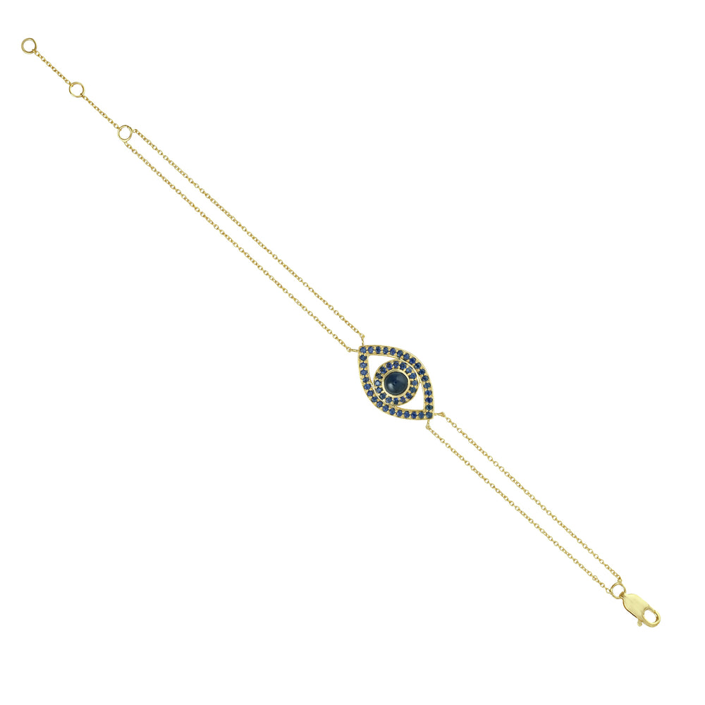 Natural Blue Sapphire Evil Eye Charm 14k Yellow Gold Chain Bracelet