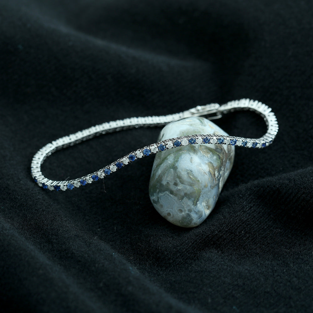 Natural Blue Sapphire & Diamond Delicate Bracelet In 18k White Gold For Her