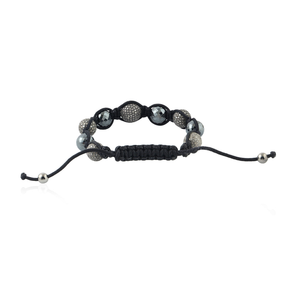 Faceted Hematite Diamond Pave Ball Macrame Bracelet In Sterling Silver