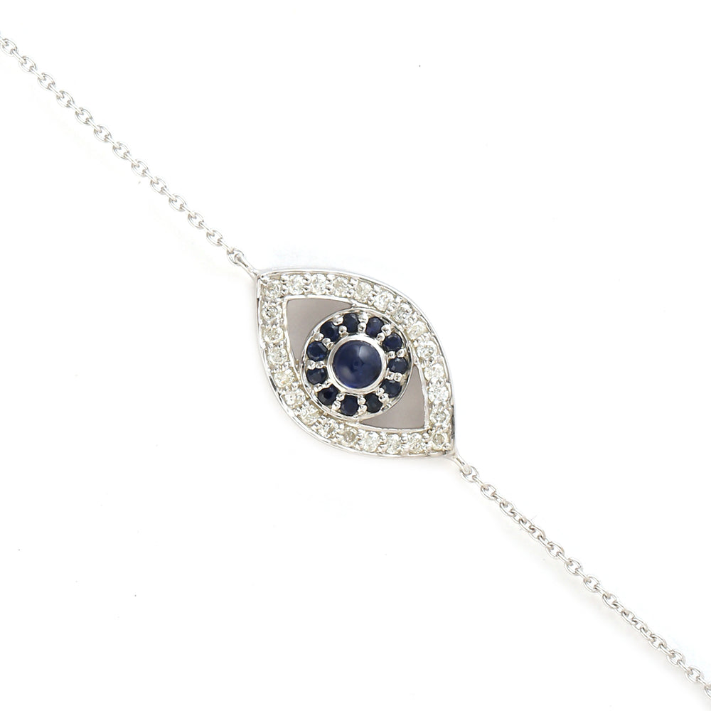 Natural Blue Sapphire White Diamond 14k White Gold Chain Bracelet