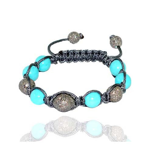 Turquoise Pave Diamond Beads Macrame Bracelet Sterling Silver Jewelry