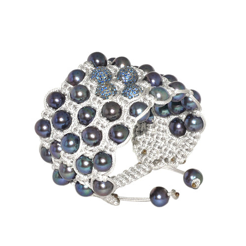 Pearl Blue Sapphire Beads Macrame Bracelet 925 Sterling Silver Jewelry