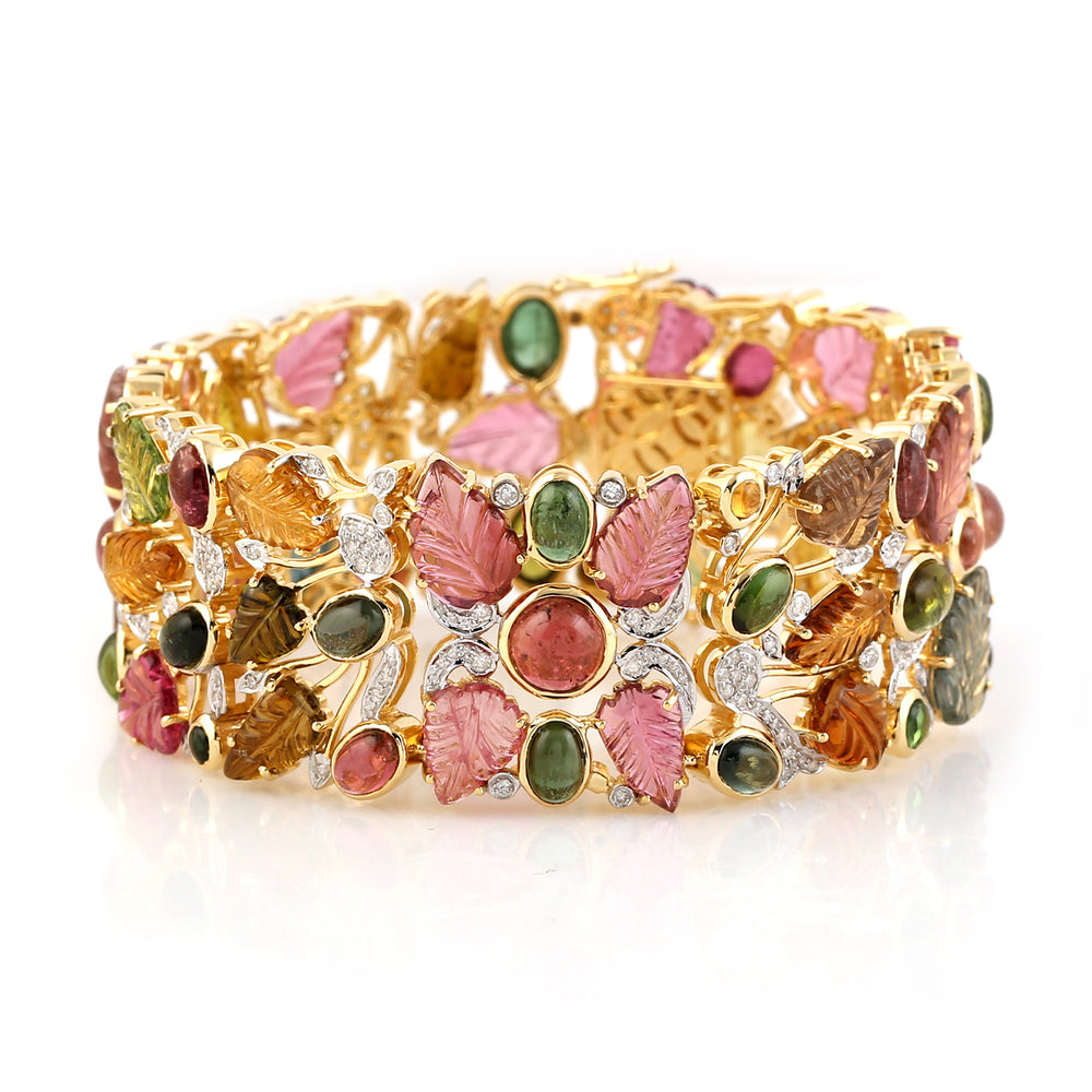 Multicolor Tourmaline Carved Leaf Gemstone Wide Bangle Jewelry In 18k Yellow Gold For Her