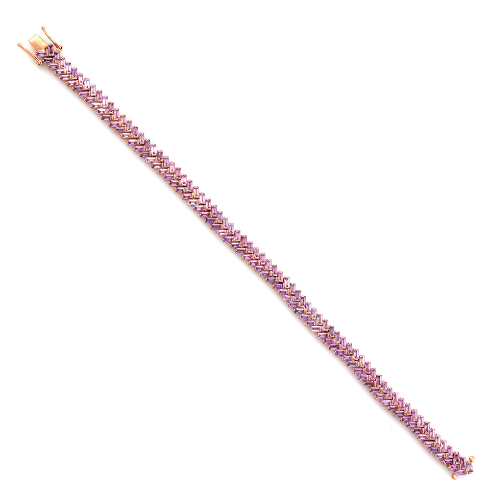 Baguette Pink Sapphire Zig Zag Link Bracelet Gift In 14k Yellow Gold