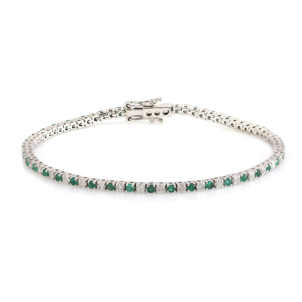 Natural Diamond & Emerald Delicated Bracelet In 18k White Gold
