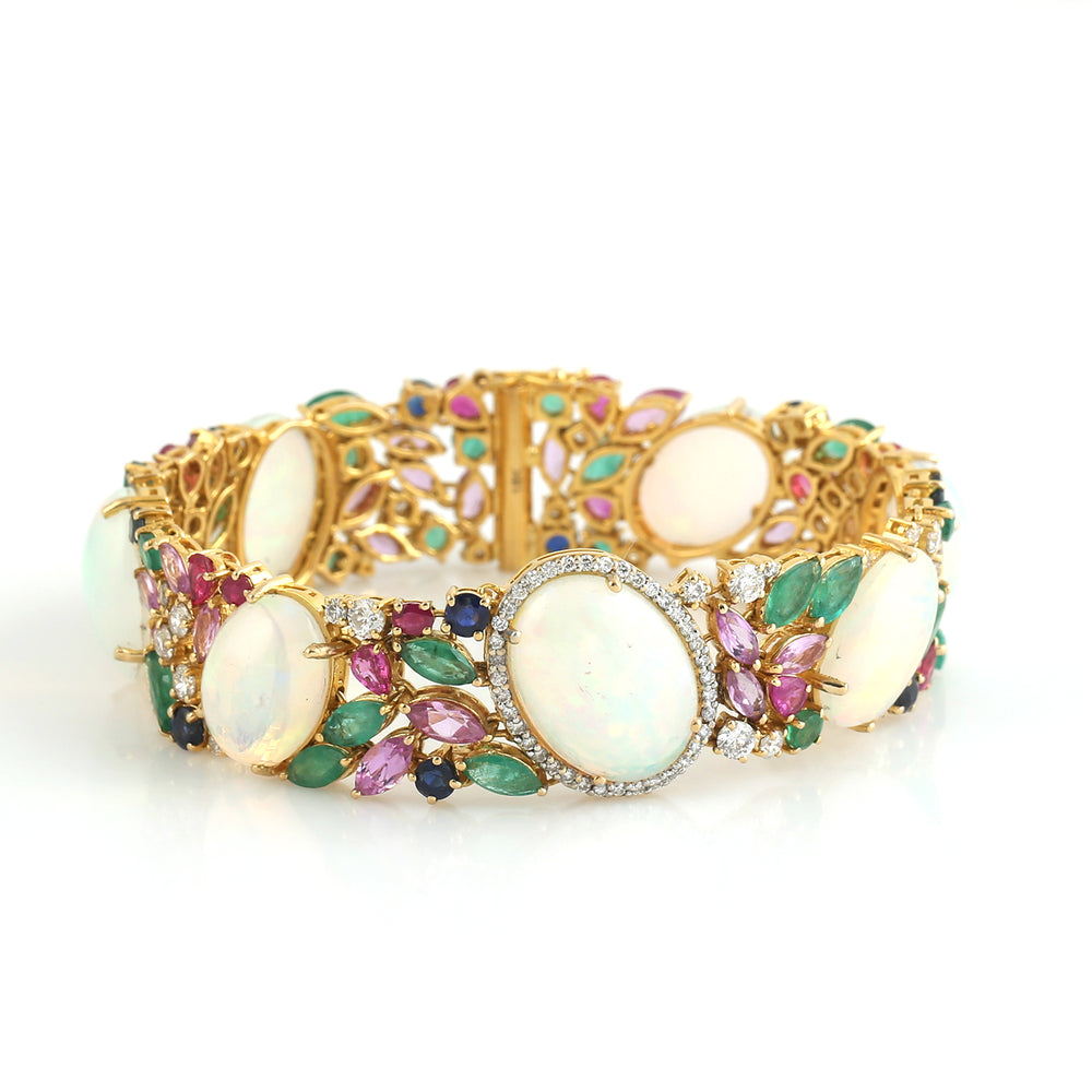 Opal Ethopian Emerald Diamond Cluster Design Designer Bracelet For Her In 18k Gold