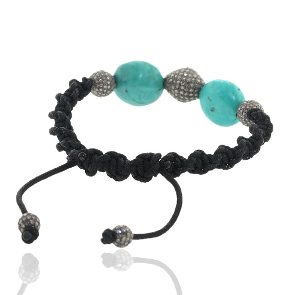 Turquoise Diamond Bead Ball Macrame Bracelet 925 Silver Jewelry Gift