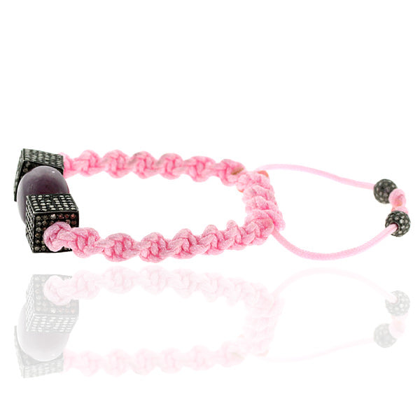 Natural Sapphire Pave  Diamond Bead Pink Macrame Bracelet In 925 Sterling Silver