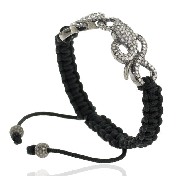 Pave Diamond 925 Silver Snake Charm Black Macrame Bracelet Gift