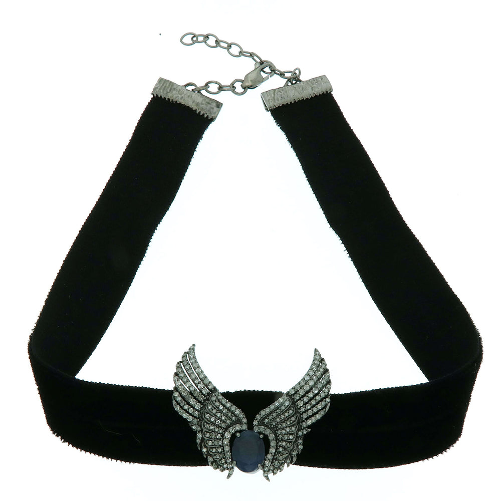 Sterling Silver Pave Diamond Blue Sapphire Angel Wings Choker Necklace