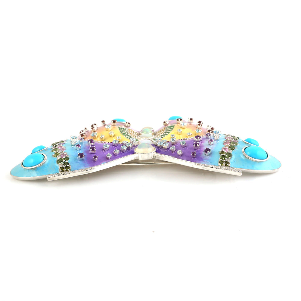 925 Sterling Silver Turquoise Sapphire Opal Multi Stone Butterfly Brooch For Gift
