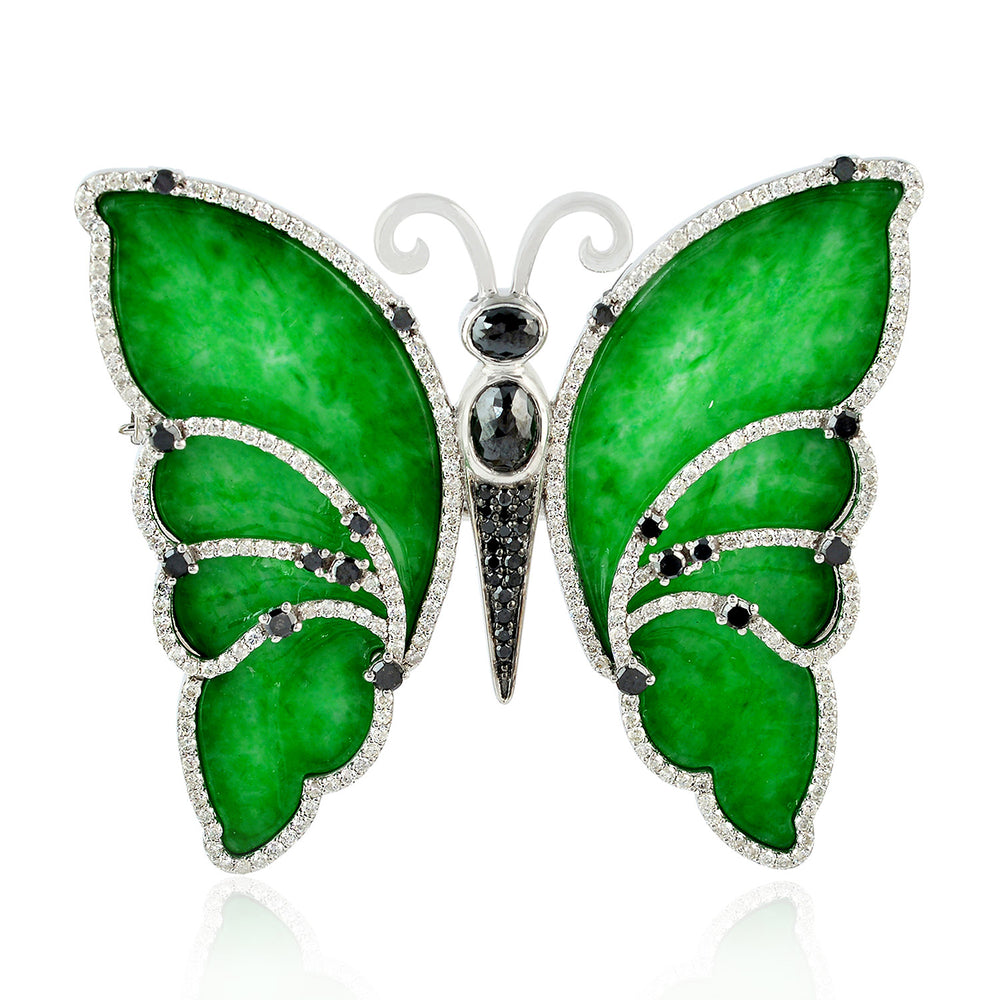 Handcarved Carved Jade Diamond Butterfly Brooch In 18k White Gold
