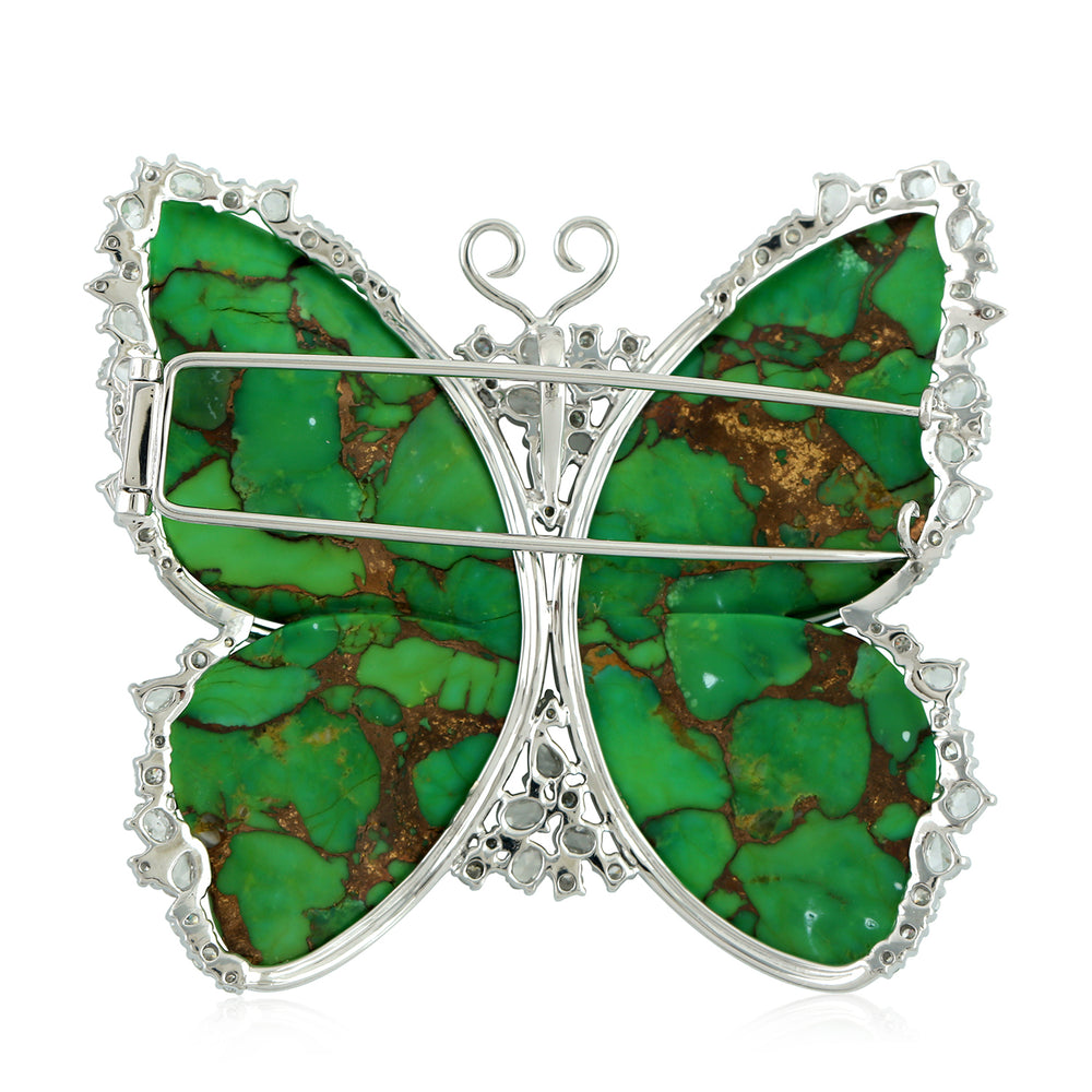 Solid 18k White Gold Genuine Diamond Turquoise Butterfly Brooch For Gift