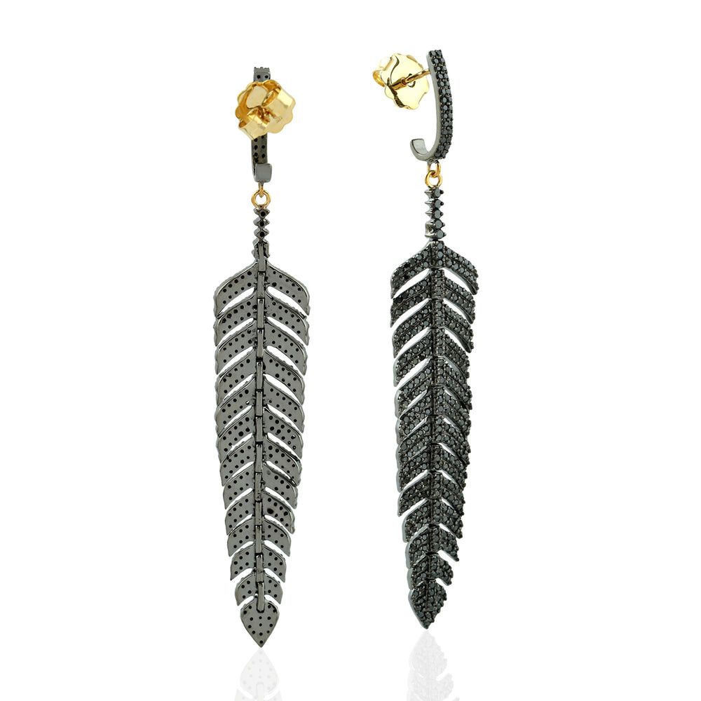 925 Sterling Silver Black Diamond Feather Danglers For Her
