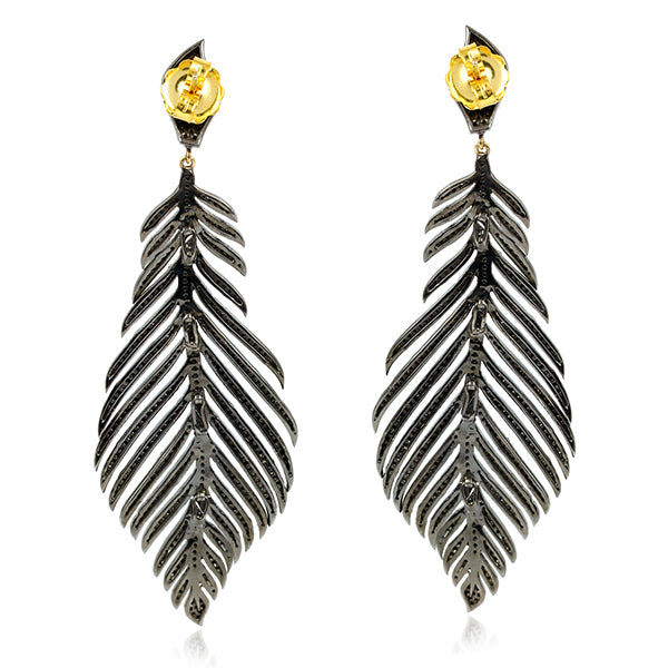 Pave Diamond Feather Dangle Earrings 14k Gold 925 Sterling Silver Jewelry