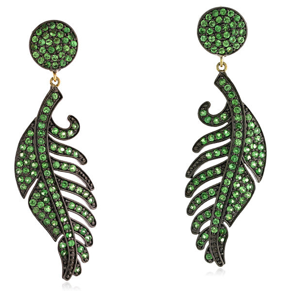 Tsavorite 14k Gold 925 Sterling Silver Leaf Dangle Earrings Handmade Jewelry