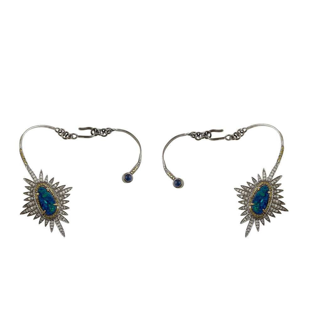 Opal Doublet Pave Diamond 18k Gold Silver Sunburst Design EarCuff Jewelry